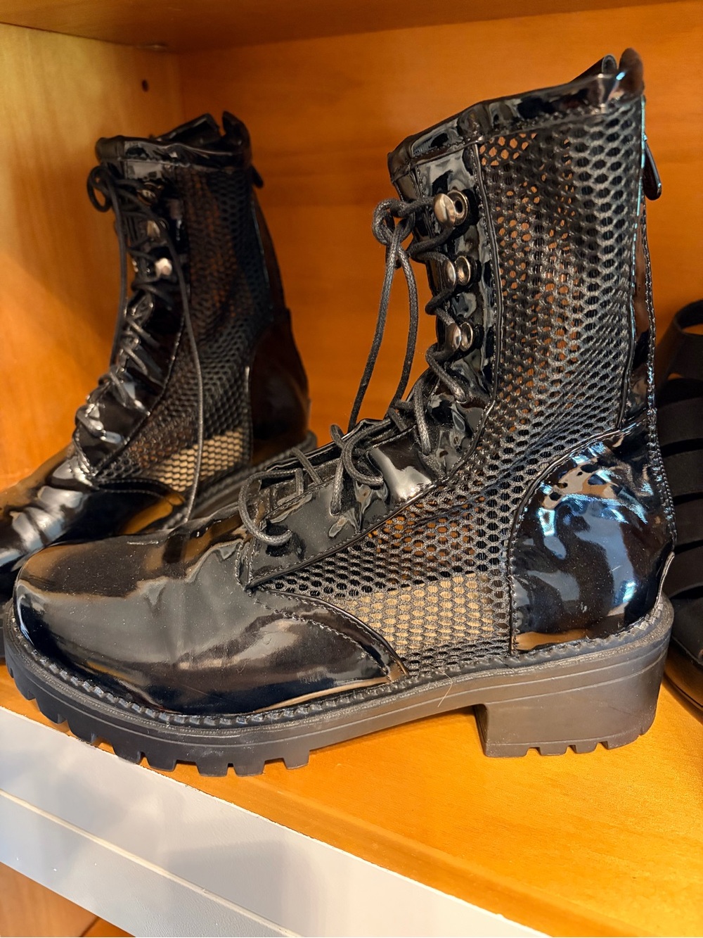 Black Patent Mesh Lace-Up Combat Boots - Women